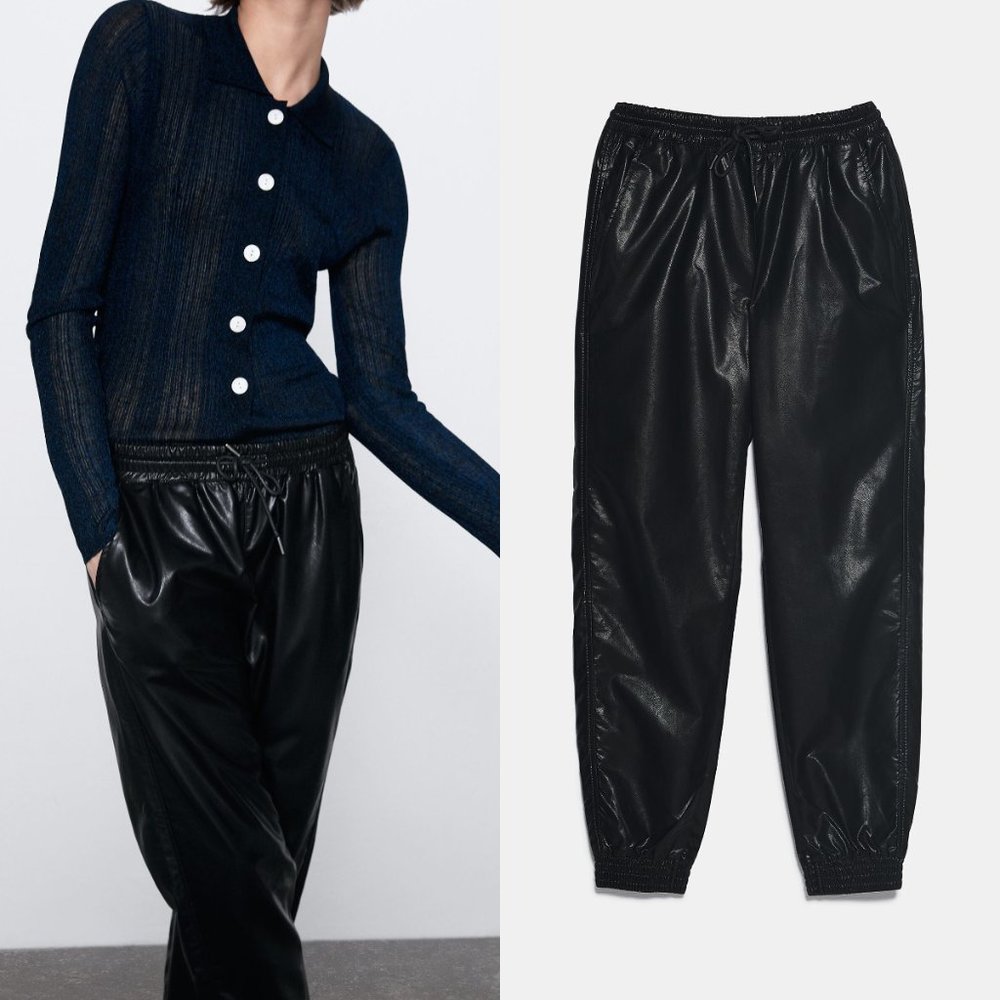 ZARA Women's Size XS Black Faux Patent Leather Jogging Pants Pull On Drawstring